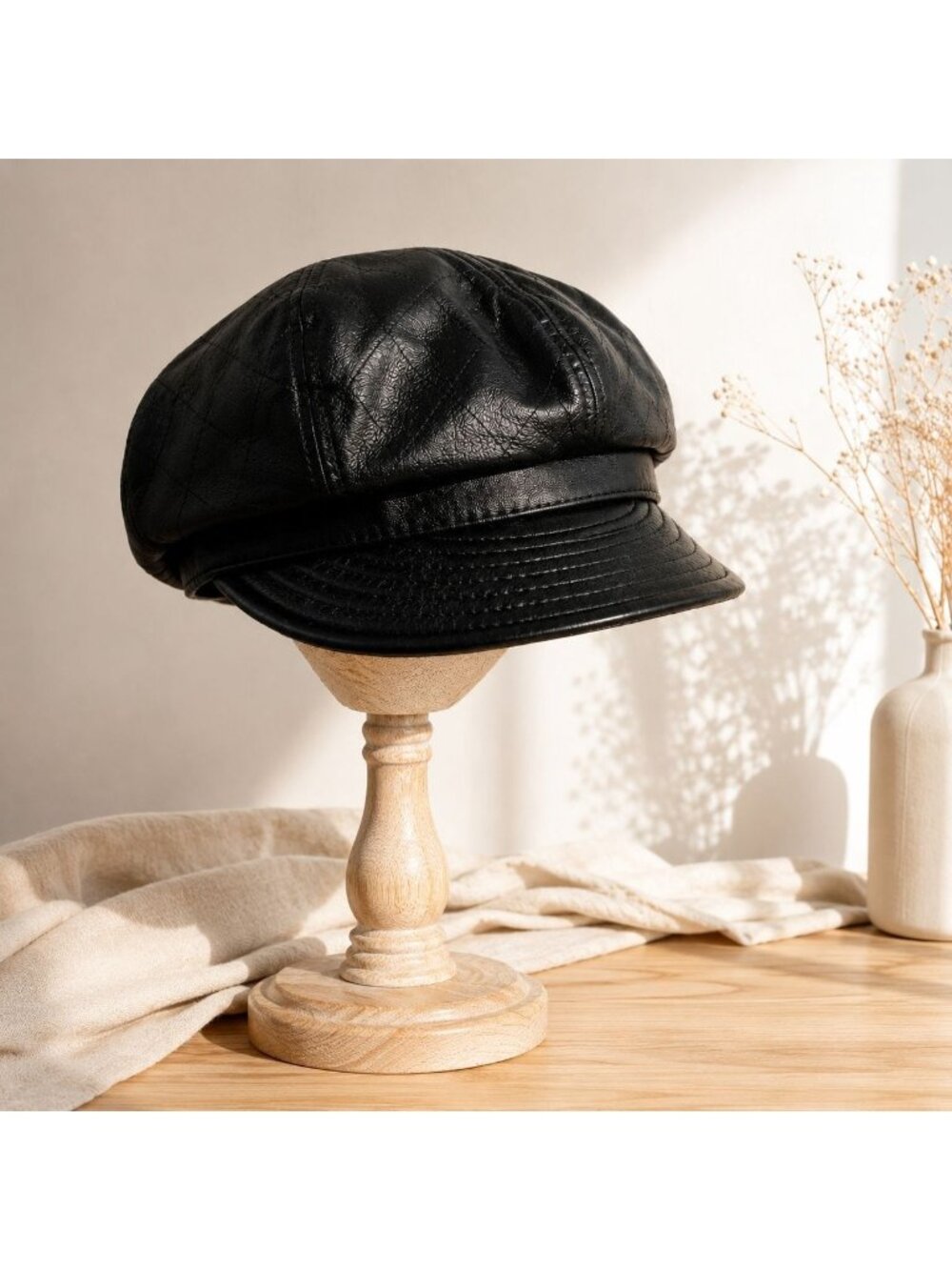 Wilsons Leather Quilted Newsboy Hat VTG Cabbie Black Quilted Moto Chic Cap
